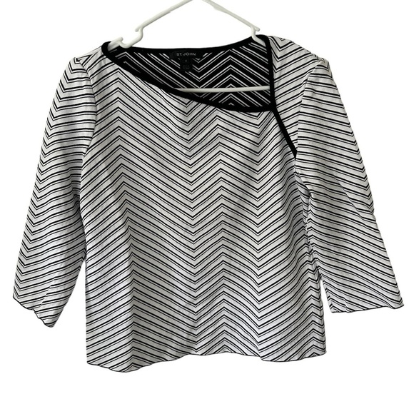 St. John Chevron Stretch Blouse K51V011 Caviar White Size Small - Picture 1 of 5